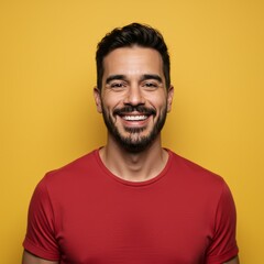 Fototapeta premium A friendly man with short dark hair and a beard wearing a red t-shirt against a yellow background.