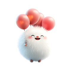 Fluffy 3D Cartoon Character with Glowing Balloons Isolated on Transparent Background