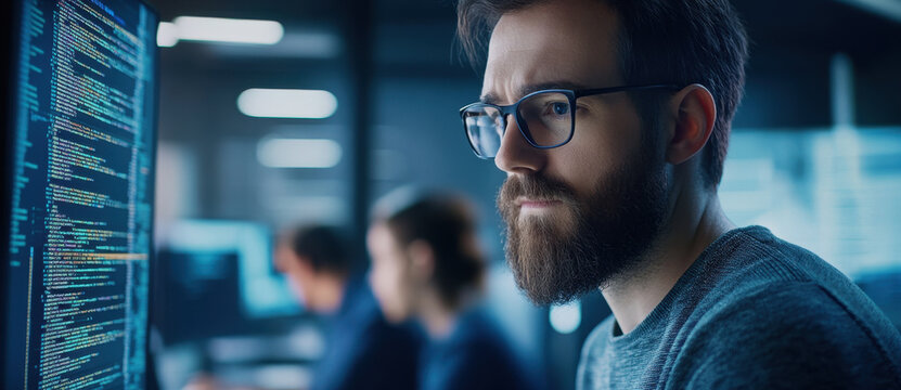 An IT project manager focuses on code analysis while colleagues collaborate in the background during the afternoon at the office