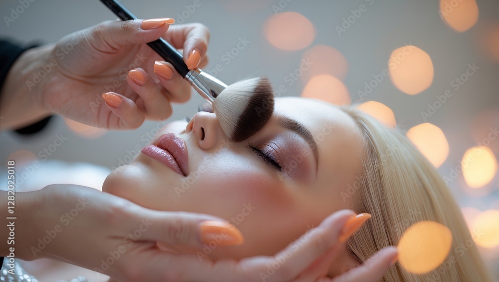 Poster makeup application process featuring hands using brush on model's face with soft bokeh background