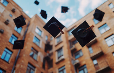Graduates joyfully throw their black caps into the air outside a warm-toned building, marking a milestone in their education and achievements