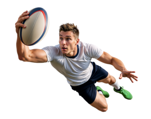 Rugby athlete diving forward to catch a rugby ball pass on isolated background