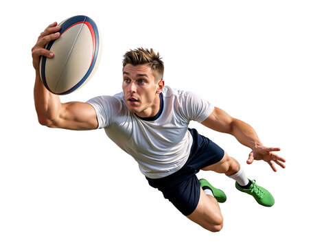Rugby athlete diving forward to catch a rugby ball pass on isolated background - Powered by Adobe