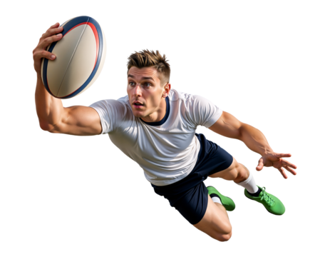 Rugby athlete diving forward to catch a rugby ball pass on isolated background - Powered by Adobe