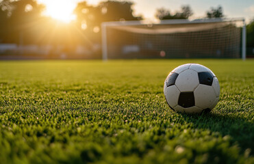 Fototapeta premium A soccer ball sits on lush green grass near the goal while the sun sets, creating a serene atmosphere for the sport
