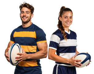 Two young rugby players posing with confidence side by side, male and female
