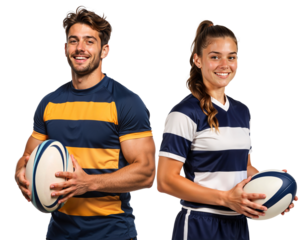 Two young rugby players posing with confidence side by side, male and female