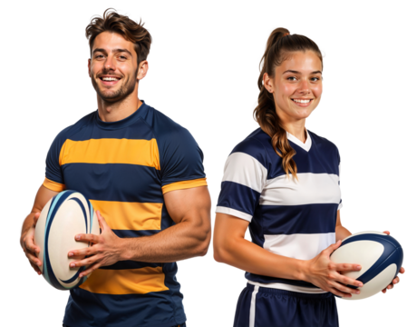 Two young rugby players posing with confidence side by side, male and female - Powered by Adobe