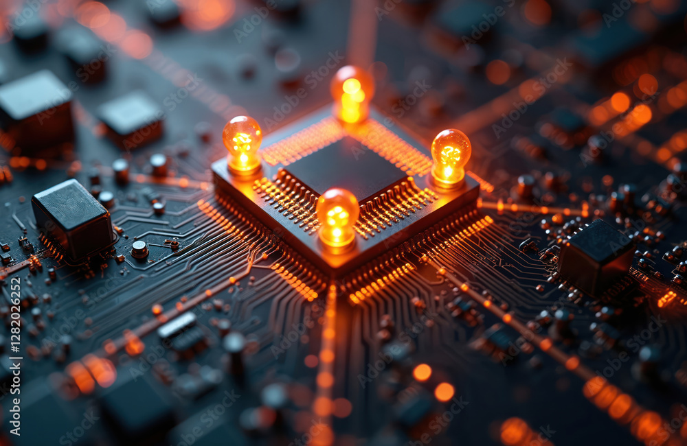 Aufkleber symmetrical intricate glowing bulbs circuit board evokes advanced tech concepts digital engineering.