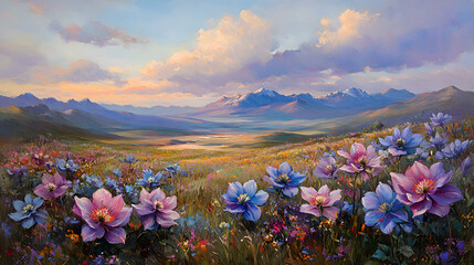 A colorful meadow of columbine flowers in shades of purple, blue, and pink, with soft mountains in the distance