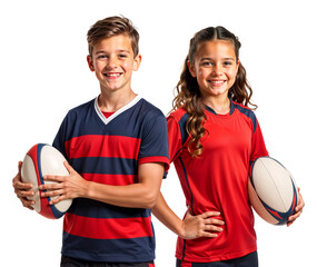 Two young boy and girl rugby players posing together side by side with a rugby ball
