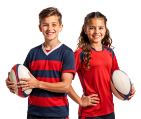 Two young boy and girl rugby players posing together side by side with a rugby ball