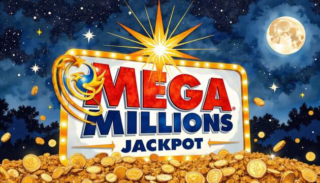 Mega Millions Jackpot sign shining brightly at night, lottery excitement