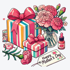 Mother's Day gift with present box and carnation stock illustration