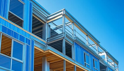 Steel building construction, blue panels, sunny day