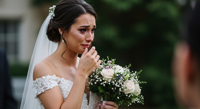 Crying Bride with Emotional Expression in Wedding Dress