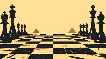 Egyptianthemed chess set, border, background wallpaper, blank in the middle, minimalism, negative space, used for postcard template