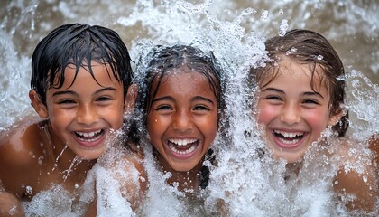 Obraz premium Happy kids splashing water, summer fun