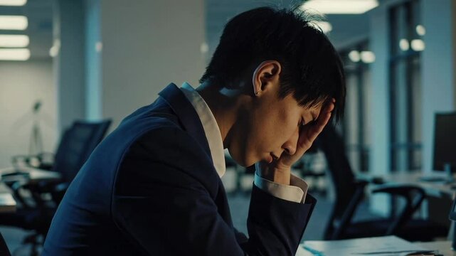 Stressed businessman gripping forehead while sitting at desk in dark office, embodying professional burnout and workplace mental health challenges