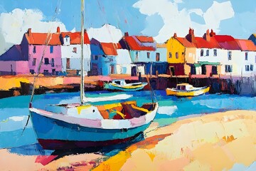 Colorful Coastal Town with Boats &ndash; Abstract Expressionist Painting