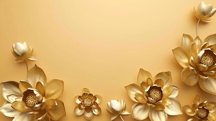 Golden lotus flower sculptures, border, background wallpaper, blank in the middle, minimalism, negative space, used for postcard template