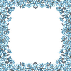 A frame of forget-me-nots flowers. A hand-drawn watercolor illustration in vintage style. For greeting cards and invitations, for birthday, anniversary or wedding. For packaging, labels and posters.