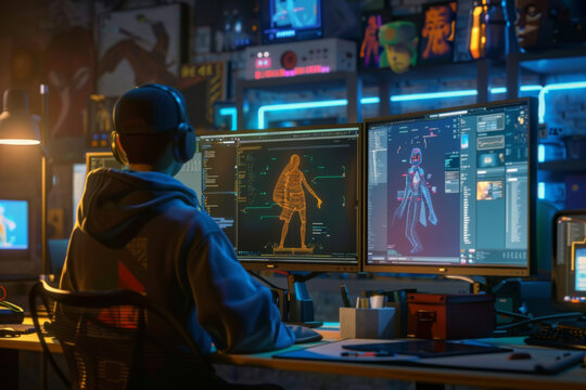 Game developer wearing headphones works on 3D character design in studio with multiple monitors. Concept of gaming, creativity and digital art