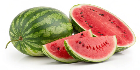 Whole watermelon sits beside freshly cut slices revealing vibrant red flesh and black seeds, showcasing a delicious and refreshing summer snack perfect for gatherings