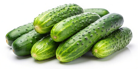 A collection of crisp cucumbers is piled together on a clean white background, showcasing their vibrant green color and bumpy texture, perfect for salads, dips, or snacking