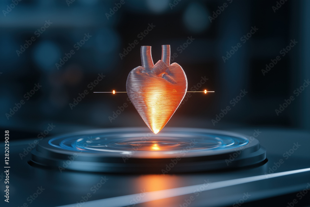 Poster heart model showcases intricate design in a futuristic lab with glowing effects