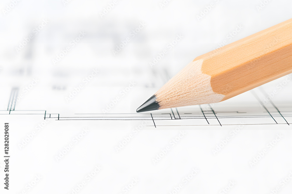 Poster sharp pencil tip on architectural blueprint, hinting at precision and detail in design and planning.