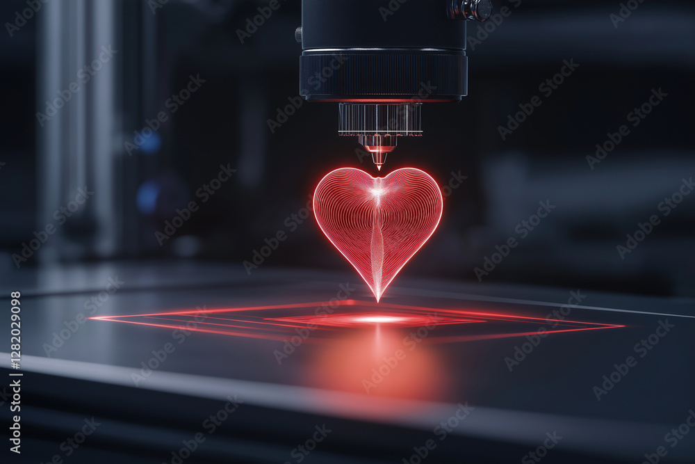 Poster heart-shaped design being created by a laser machine in a modern workshop