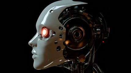 Fototapeta premium Futuristic side profile showcasing a human head with cybernetic implants and a glowing robotic eye. Generative AI