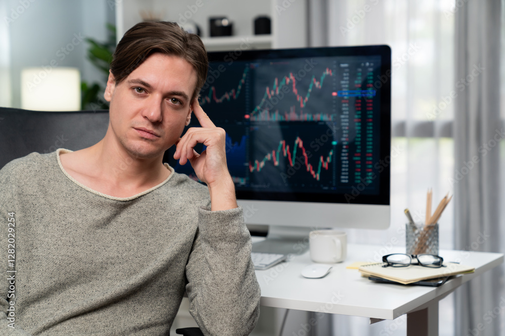 Poster smart business trader in casual looking at camera against value dynamic increased stock exchange mar