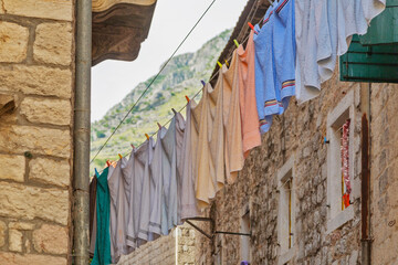 Hanging clothes hung in the old town of Kotor.