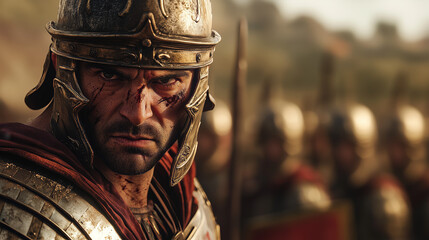 Roman Legionary: A stoic Roman legionary, his face etched with battle scars, stares intently at the viewer, surrounded by a legion of soldiers, conveying power, discipline, and historical drama.
