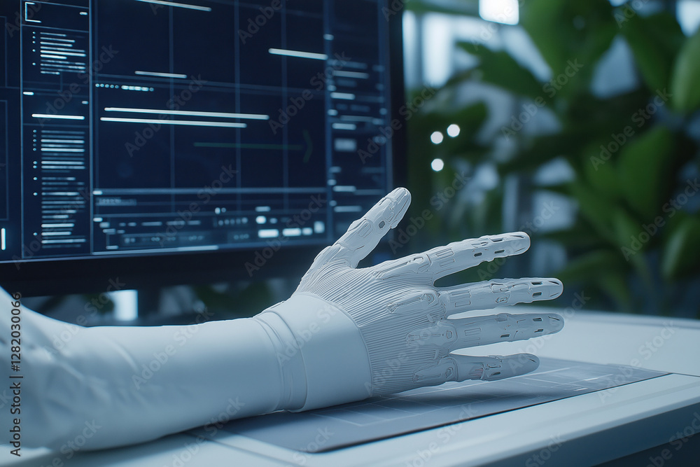 Poster futuristic robotic hand interacting with digital interface in a modern workspace