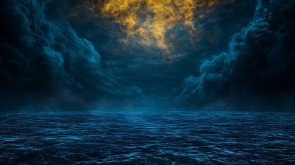 Dramatic ocean scene with turbulent waves under a stormy sky illuminated by golden clouds