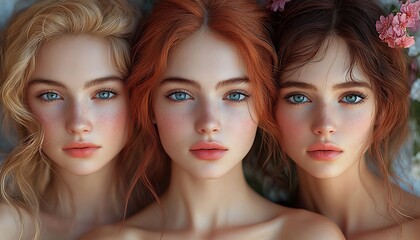 Naklejka premium Three Women with Unique Hairstyles and Flowers Against a Soft Floral Backdrop
