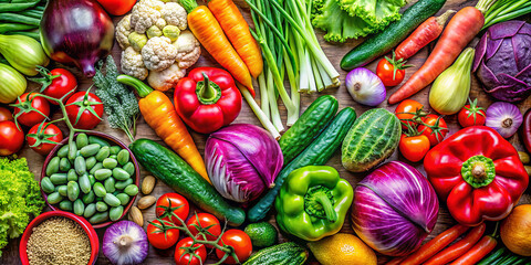 A vibrant display of assorted vegetables including peppers, cucumbers, tomatoes, and leafy greens arranged on a wooden surface. This visually appealing layout promotes healthy eating