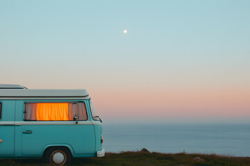 Seaside camper van under moonlit sky. A calming scene of travel and adventure featuring a bright camper, calm ocean and open sky.
