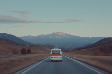 Retro camper van on a road trip with mountains in the background. Adventure and scenic travel in a vintage vehicle. Enjoying the journey!