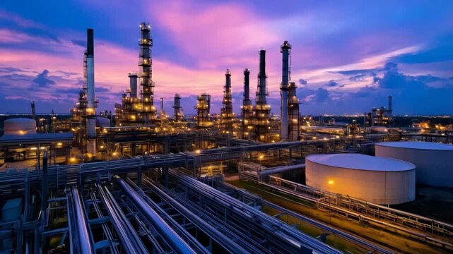 Petroleum processing facility with tall distillation towers, glowing interconnected pipelines silhouetted against dusky industrial landscape, highlighting energy production infrastructure