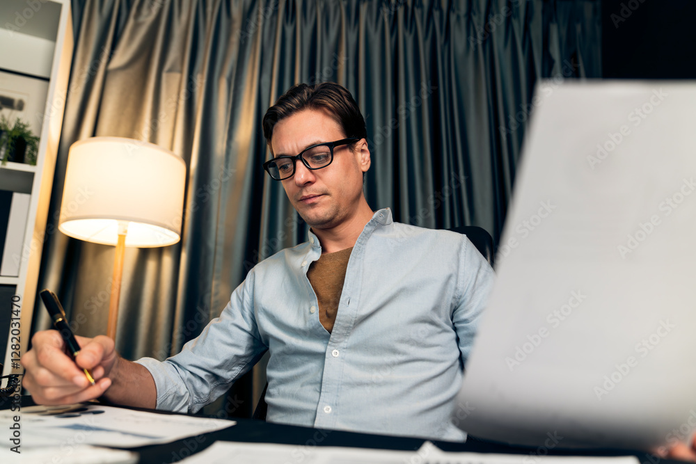 Poster thinking smart businessman surrounded paperwork report paragraph dynamic database analyzing to prese