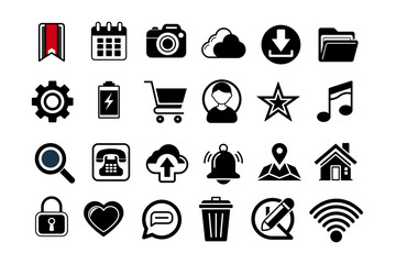 24 flat icon Home, Search, Settings, User, Profile, Notifications, Shopping Cart, Heart, Message, Lock, Camera, Music, Note, Calendar, Phone, Battery, Folder, Cloud, Bookmark, Map, Star, Upload