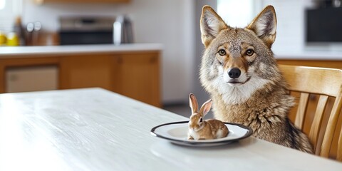 coyote sitting at dining room table, rabbit on plate, 