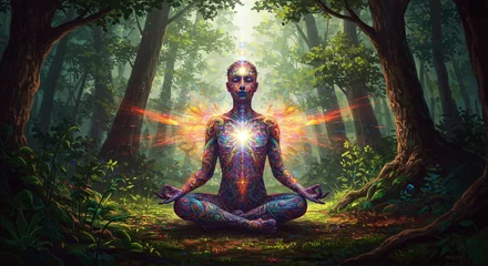 Tissu par mètre  Psychedelic high quality art of a human meditating in the woods  © kenpaul