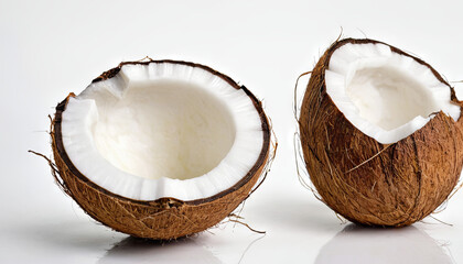 Two freshly sliced coconuts sit side by side, revealing their smooth white interior and textured brown shell. The stark contrast emphasizes their natural appeal and freshness