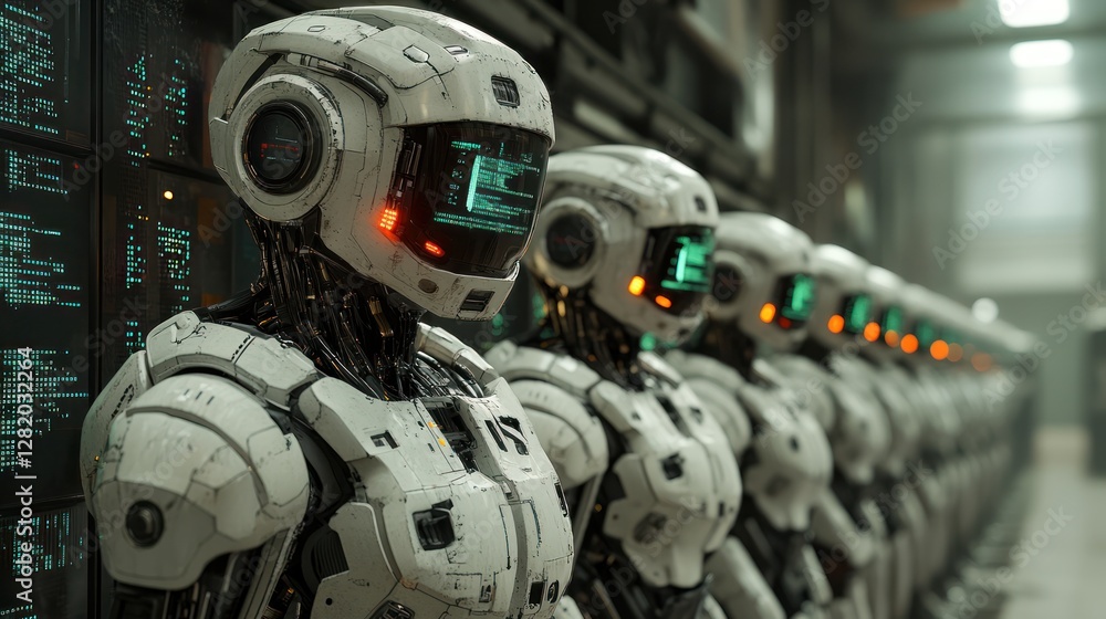 Poster futuristic robots in line at server room