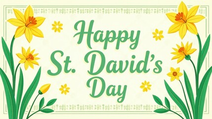 "Happy St. David’s Day!" - Text surrounded by yellow daffodils, green leaves